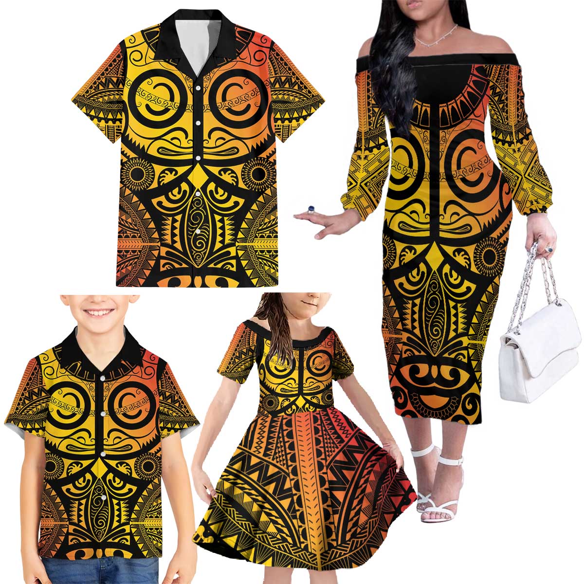 Marquesas Islands Family Matching Off The Shoulder Long Sleeve Dress and Hawaiian Shirt Marquesan Tattoo Yellow Gradient LT14 - Polynesian Pride