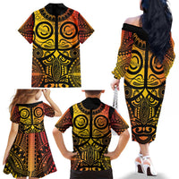 Marquesas Islands Family Matching Off The Shoulder Long Sleeve Dress and Hawaiian Shirt Marquesan Tattoo Yellow Gradient LT14 - Polynesian Pride