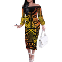 Marquesas Islands Family Matching Off The Shoulder Long Sleeve Dress and Hawaiian Shirt Marquesan Tattoo Yellow Gradient LT14 Mom's Dress Yellow - Polynesian Pride