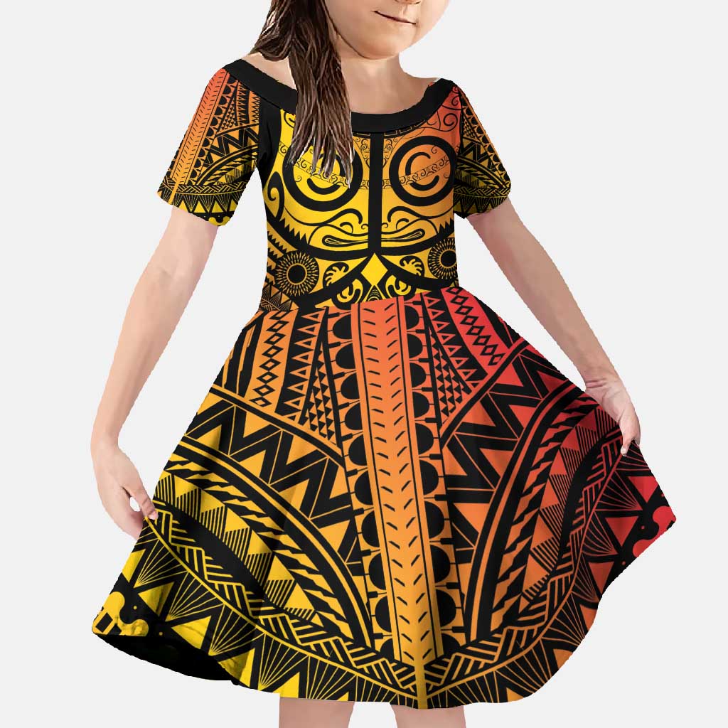 Marquesas Islands Family Matching Off Shoulder Maxi Dress and Hawaiian Shirt Marquesan Tattoo Yellow Gradient LT14 Daughter's Dress Yellow - Polynesian Pride