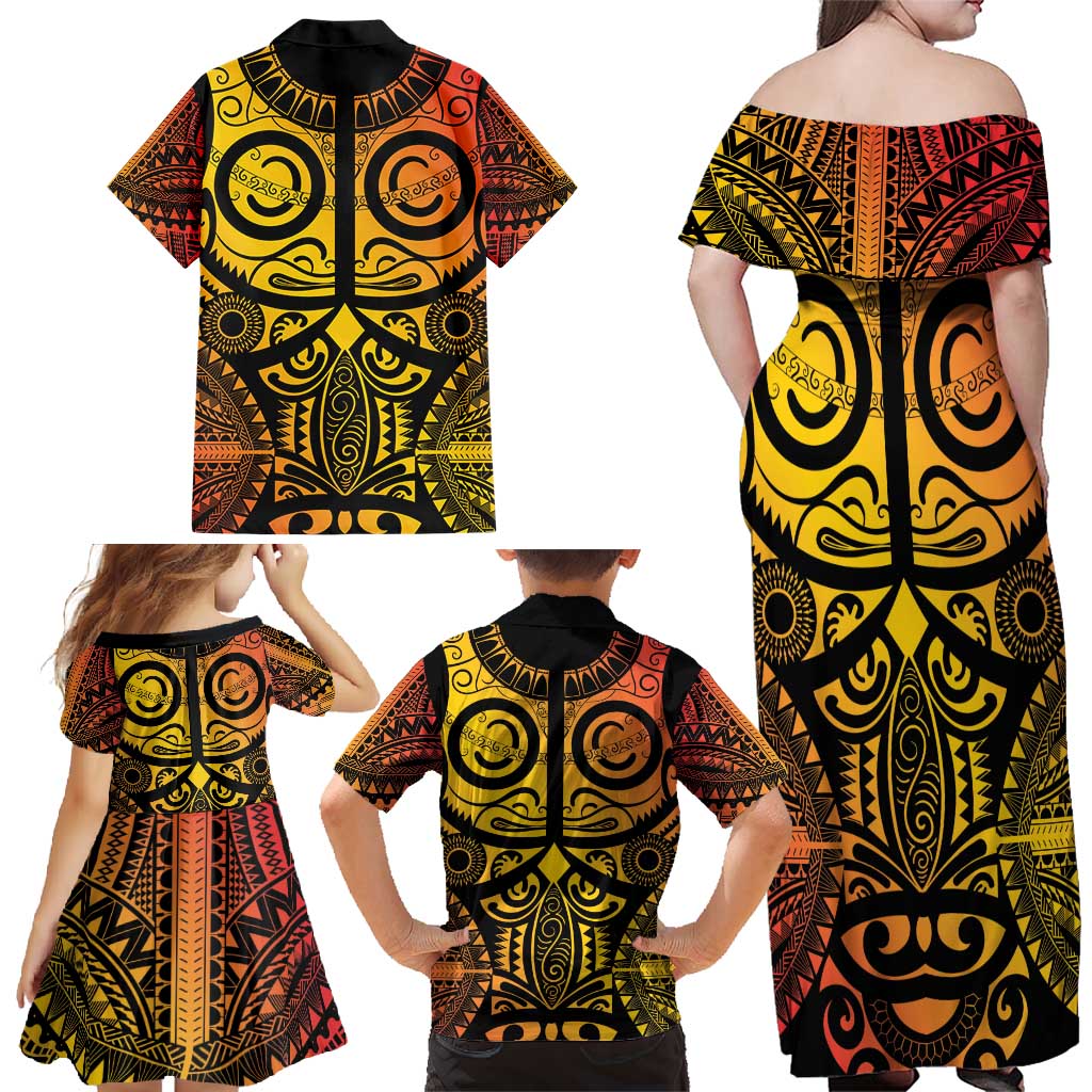 Marquesas Islands Family Matching Off Shoulder Maxi Dress and Hawaiian Shirt Marquesan Tattoo Yellow Gradient LT14 - Polynesian Pride