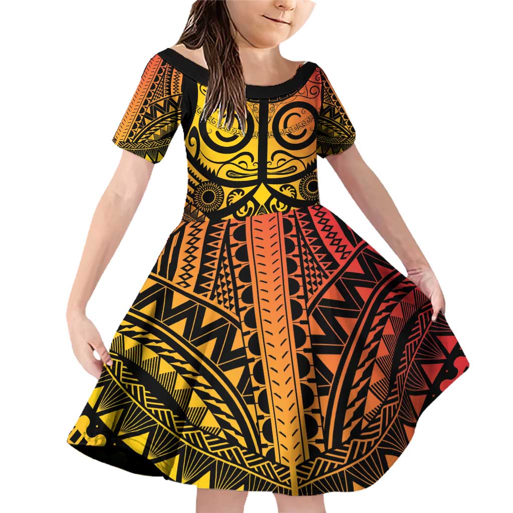Marquesas Islands Family Matching Off Shoulder Short Dress and Hawaiian Shirt Marquesan Tattoo Yellow Gradient LT14 Daughter's Dress Yellow - Polynesian Pride