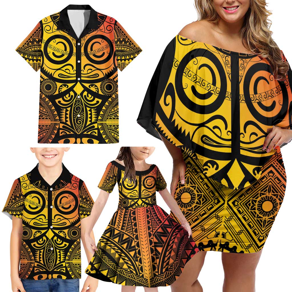 Marquesas Islands Family Matching Off Shoulder Short Dress and Hawaiian Shirt Marquesan Tattoo Yellow Gradient LT14 - Polynesian Pride