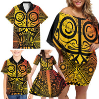 Marquesas Islands Family Matching Off Shoulder Short Dress and Hawaiian Shirt Marquesan Tattoo Yellow Gradient LT14 - Polynesian Pride