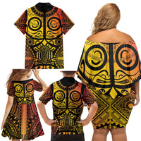Marquesas Islands Family Matching Off Shoulder Short Dress and Hawaiian Shirt Marquesan Tattoo Yellow Gradient LT14 - Polynesian Pride