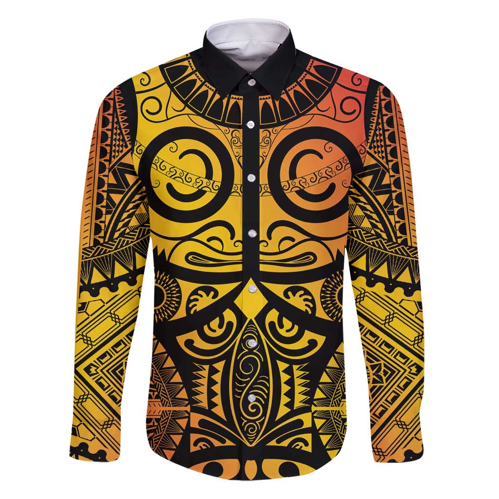 Marquesas Islands Family Matching Off Shoulder Short Dress and Hawaiian Shirt Marquesan Tattoo Yellow Gradient LT14 Dad's Shirt - Long Sleeve Yellow - Polynesian Pride