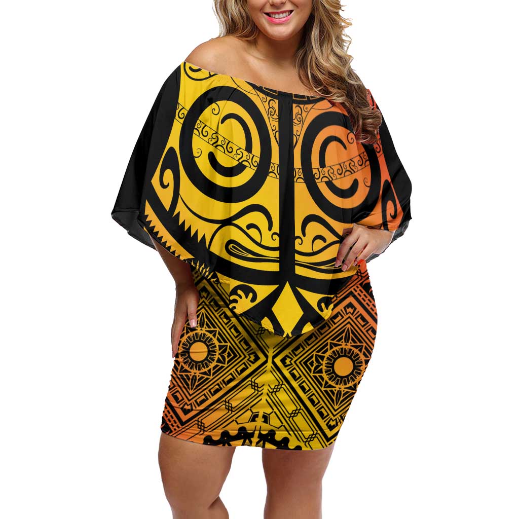 Marquesas Islands Family Matching Off Shoulder Short Dress and Hawaiian Shirt Marquesan Tattoo Yellow Gradient LT14 Mom's Dress Yellow - Polynesian Pride