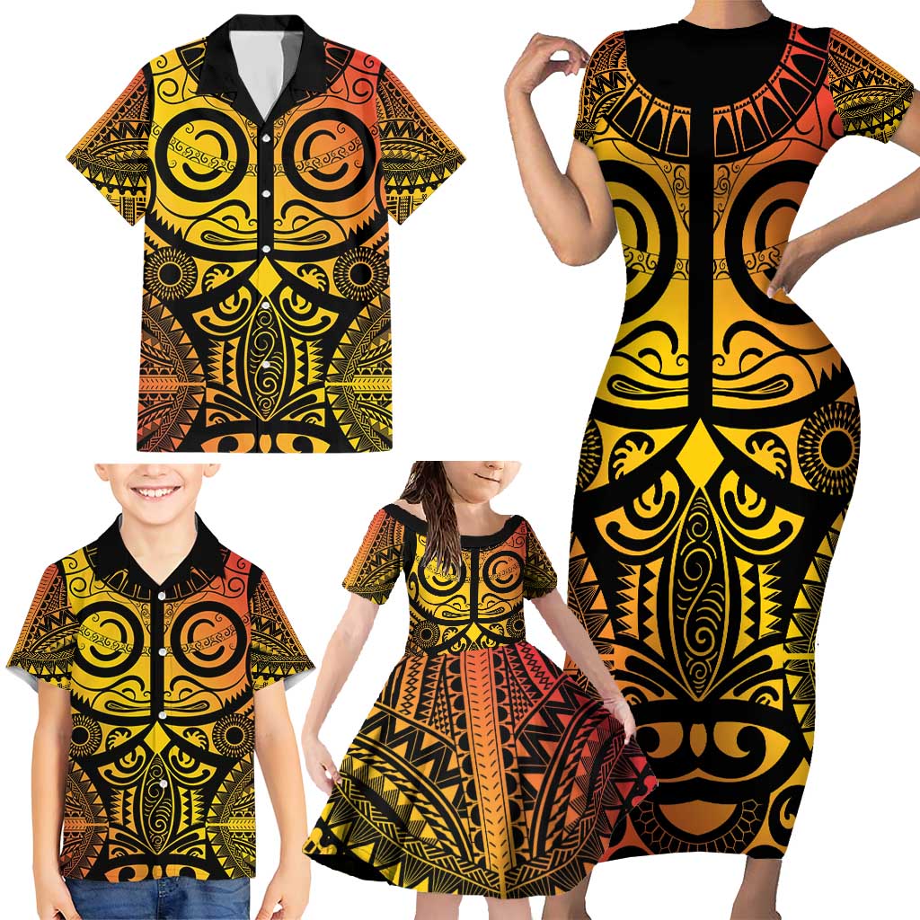 Marquesas Islands Family Matching Short Sleeve Bodycon Dress and Hawaiian Shirt Marquesan Tattoo Yellow Gradient LT14 - Polynesian Pride