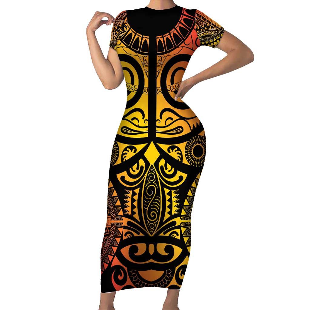 Marquesas Islands Family Matching Short Sleeve Bodycon Dress and Hawaiian Shirt Marquesan Tattoo Yellow Gradient LT14 Mom's Dress Yellow - Polynesian Pride