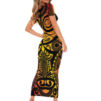 Marquesas Islands Family Matching Short Sleeve Bodycon Dress and Hawaiian Shirt Marquesan Tattoo Yellow Gradient LT14 - Polynesian Pride