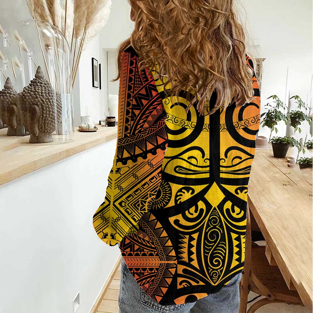 Marquesas Islands Women Casual Shirt Marquesan Tattoo Yellow Gradient - Polynesian Pride