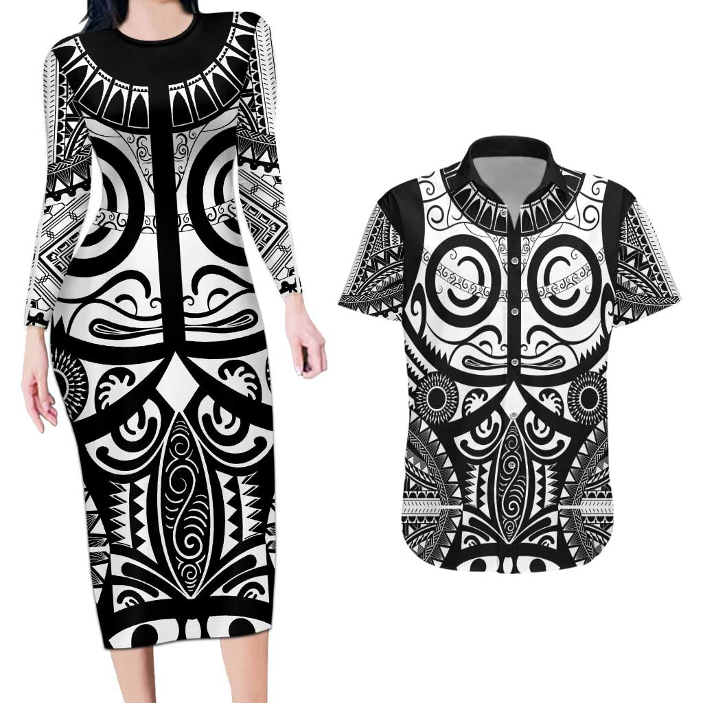 Marquesas Islands Couples Matching Long Sleeve Bodycon Dress and Hawaiian Shirt Marquesan Tattoo Black White Color LT14 Black - Polynesian Pride