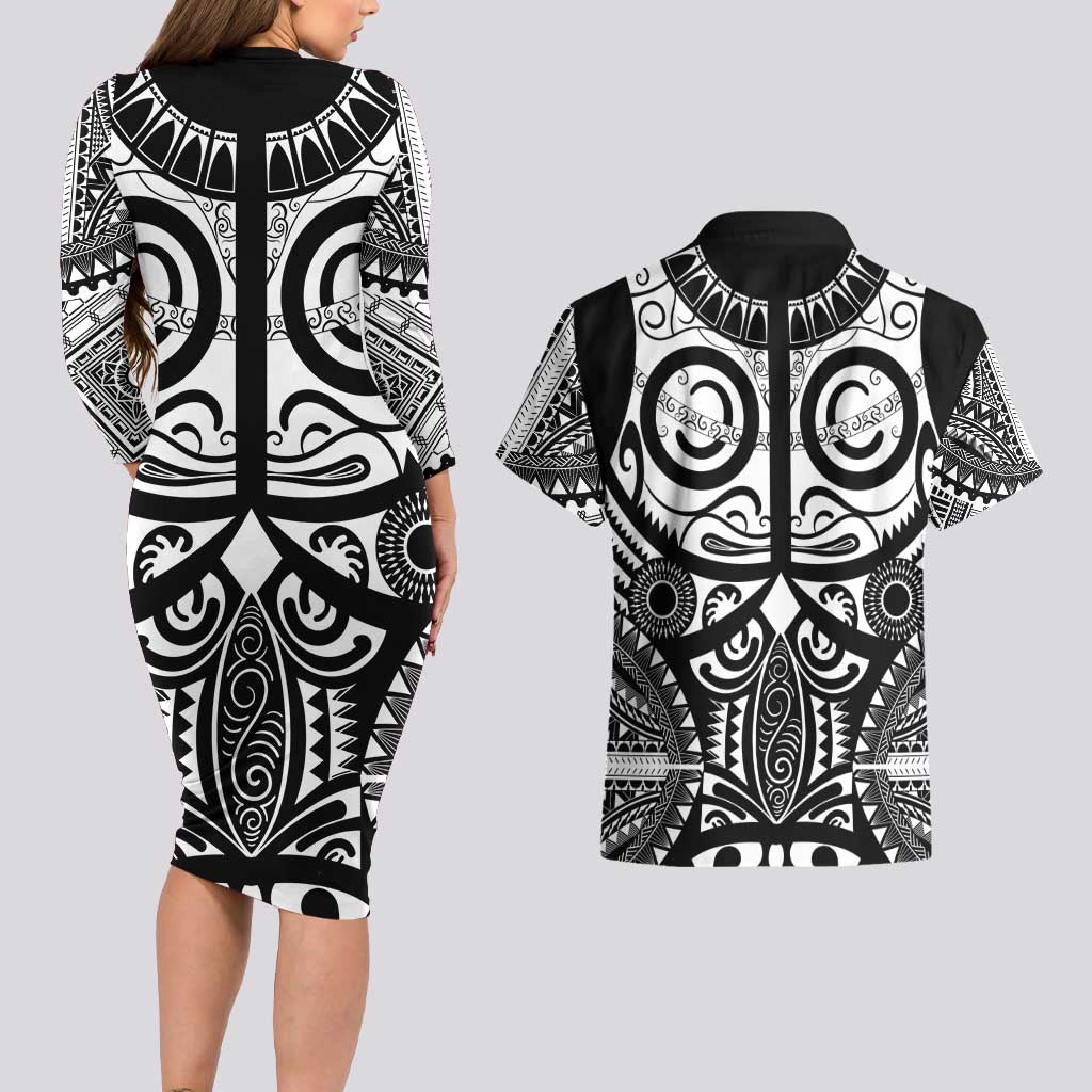 Marquesas Islands Couples Matching Long Sleeve Bodycon Dress and Hawaiian Shirt Marquesan Tattoo Black White Color LT14 - Polynesian Pride