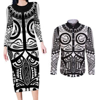 Marquesas Islands Couples Matching Long Sleeve Bodycon Dress and Long Sleeve Button Shirt Marquesan Tattoo Black White Color LT14 Black - Polynesian Pride
