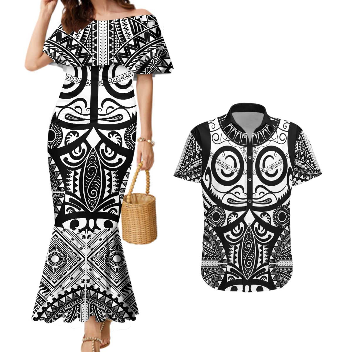 Marquesas Islands Couples Matching Mermaid Dress and Hawaiian Shirt Marquesan Tattoo Black White Color LT14 Black - Polynesian Pride