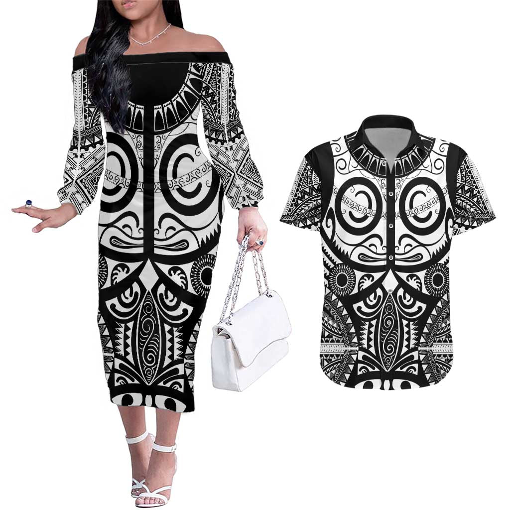 Marquesas Islands Couples Matching Off The Shoulder Long Sleeve Dress and Hawaiian Shirt Marquesan Tattoo Black White Color LT14 Black - Polynesian Pride