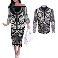 Marquesas Islands Couples Matching Off The Shoulder Long Sleeve Dress and Long Sleeve Button Shirt Marquesan Tattoo Black White Color LT14 Black - Polynesian Pride