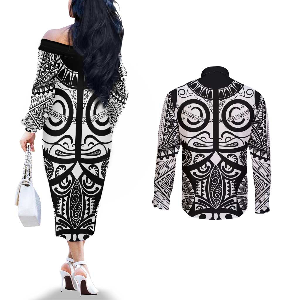 Marquesas Islands Couples Matching Off The Shoulder Long Sleeve Dress and Long Sleeve Button Shirt Marquesan Tattoo Black White Color LT14 - Polynesian Pride