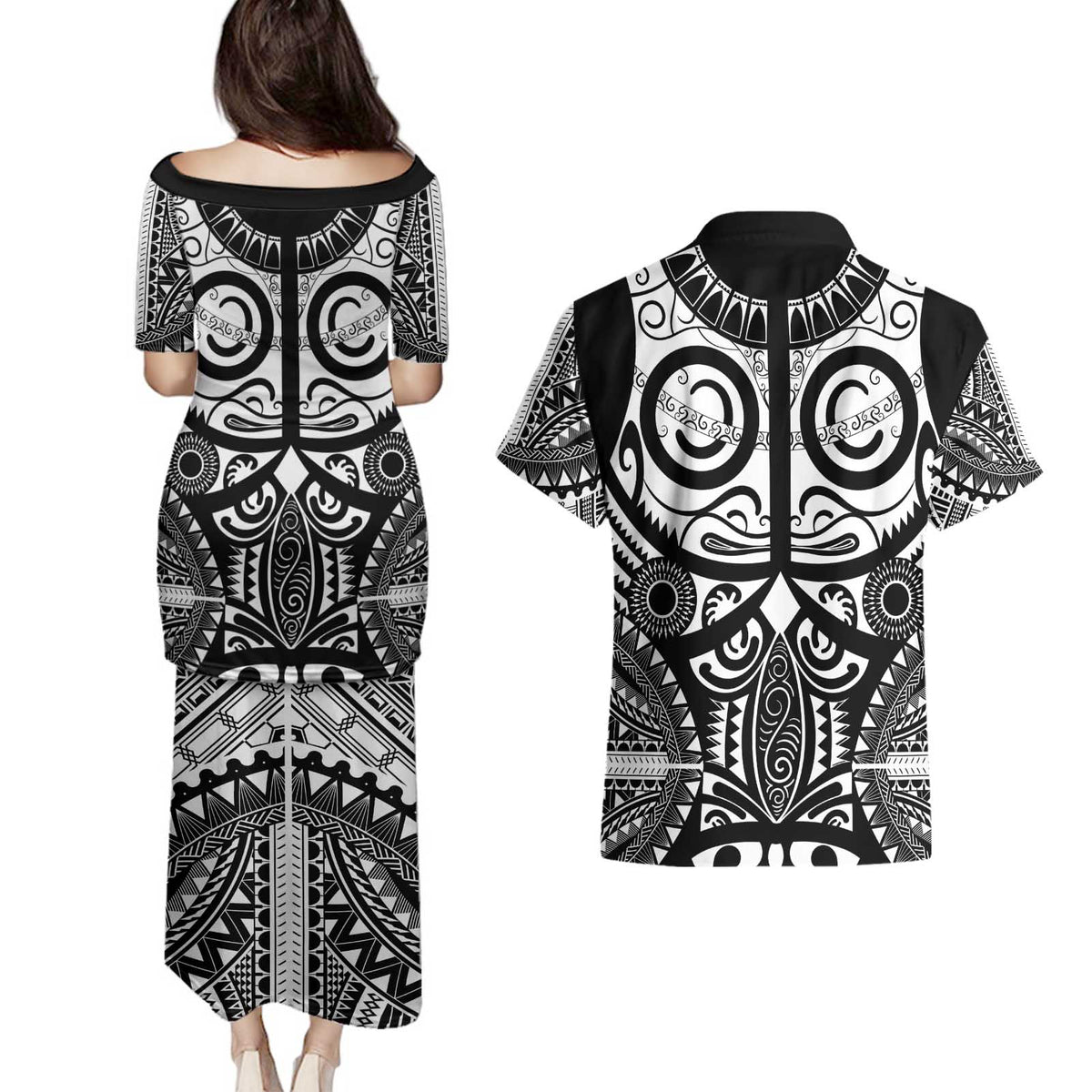 Marquesas Islands Couples Matching Puletasi and Hawaiian Shirt Marquesan Tattoo Black White Color - Polynesian Pride