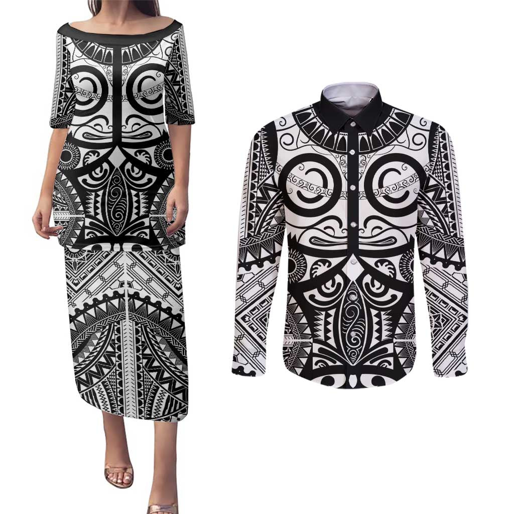 Marquesas Islands Couples Matching Puletasi and Long Sleeve Button Shirt Marquesan Tattoo Black White Color - Polynesian Pride