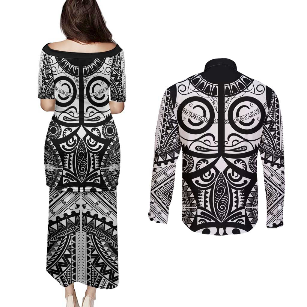 Marquesas Islands Couples Matching Puletasi and Long Sleeve Button Shirt Marquesan Tattoo Black White Color - Polynesian Pride