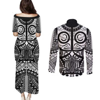 Marquesas Islands Couples Matching Puletasi and Long Sleeve Button Shirt Marquesan Tattoo Black White Color - Polynesian Pride