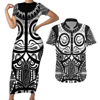 Marquesas Islands Couples Matching Short Sleeve Bodycon Dress and Hawaiian Shirt Marquesan Tattoo Black White Color LT14 Black - Polynesian Pride