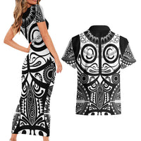 Marquesas Islands Couples Matching Short Sleeve Bodycon Dress and Hawaiian Shirt Marquesan Tattoo Black White Color LT14 - Polynesian Pride