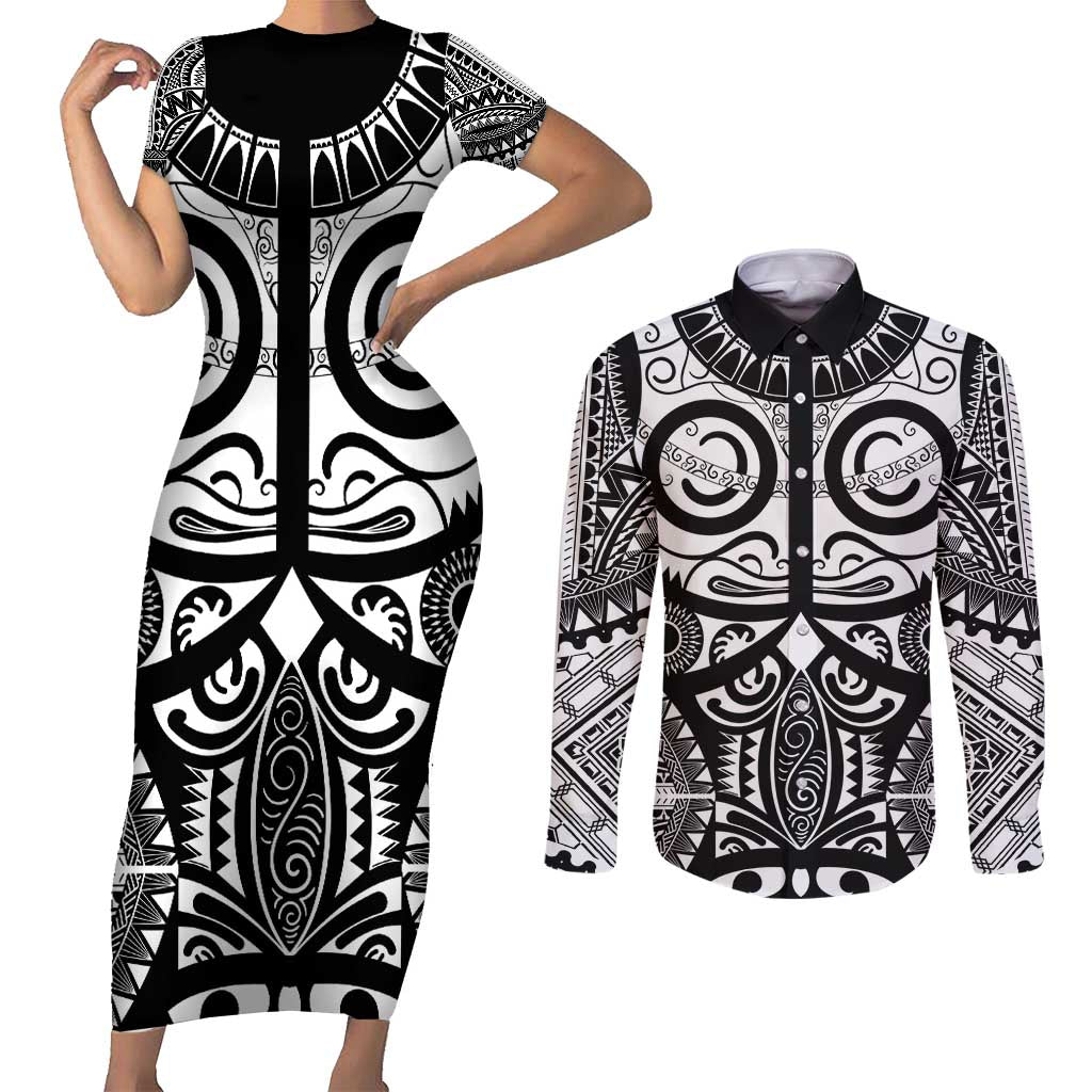 Marquesas Islands Couples Matching Short Sleeve Bodycon Dress and Long Sleeve Button Shirt Marquesan Tattoo Black White Color LT14 Black - Polynesian Pride