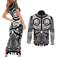 Marquesas Islands Couples Matching Short Sleeve Bodycon Dress and Long Sleeve Button Shirt Marquesan Tattoo Black White Color LT14 - Polynesian Pride