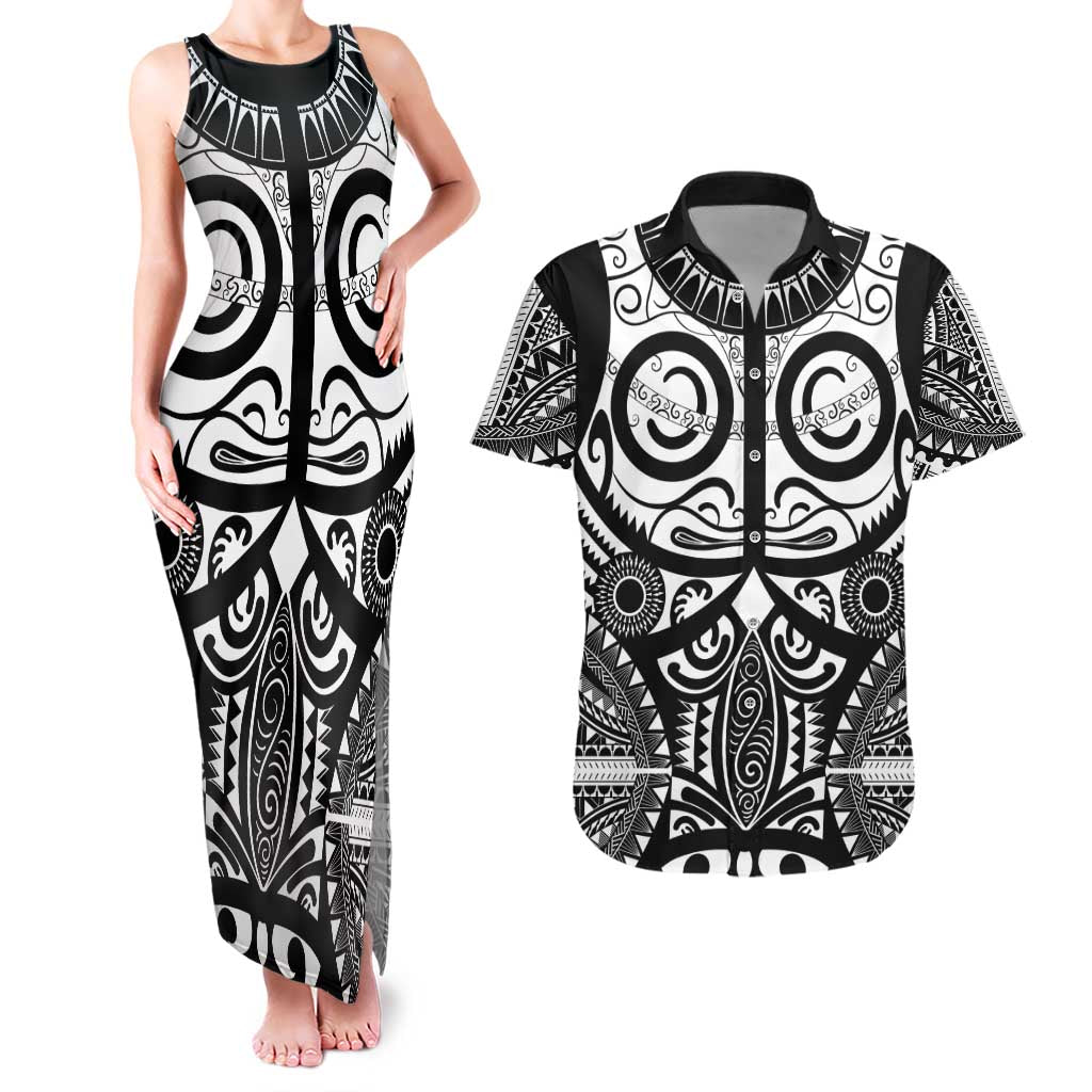 Marquesas Islands Couples Matching Tank Maxi Dress and Hawaiian Shirt Marquesan Tattoo Black White Color LT14 Black - Polynesian Pride