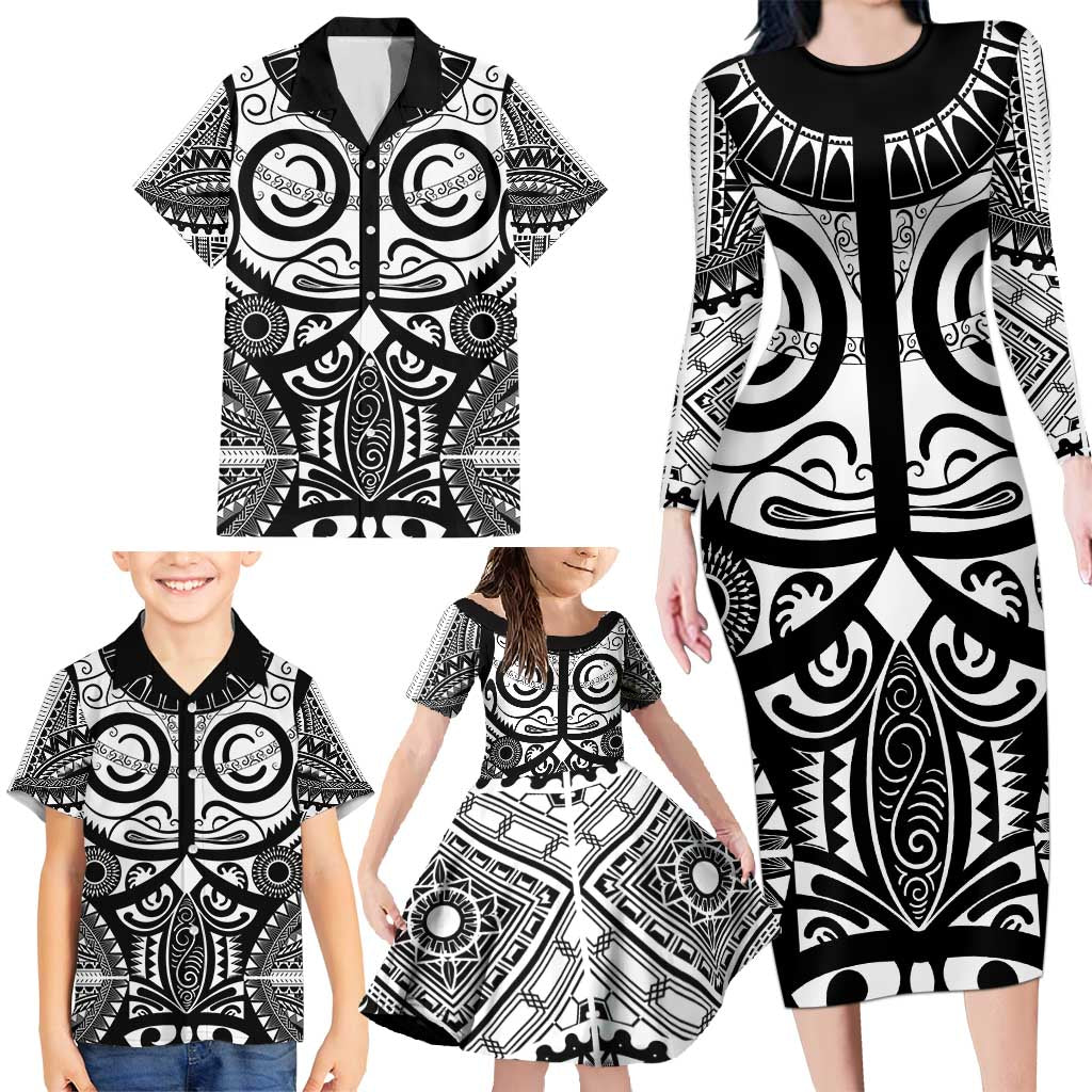 Marquesas Islands Family Matching Long Sleeve Bodycon Dress and Hawaiian Shirt Marquesan Tattoo Black White Color LT14 - Polynesian Pride