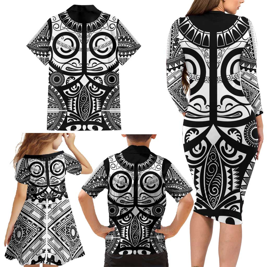 Marquesas Islands Family Matching Long Sleeve Bodycon Dress and Hawaiian Shirt Marquesan Tattoo Black White Color LT14 - Polynesian Pride