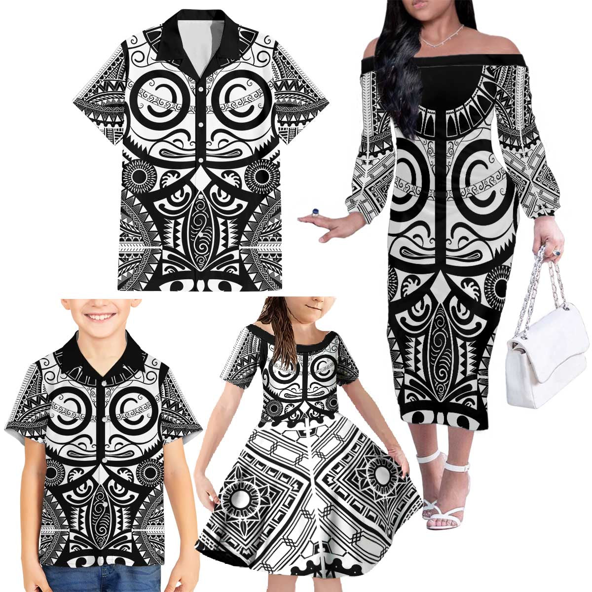 Marquesas Islands Family Matching Off The Shoulder Long Sleeve Dress and Hawaiian Shirt Marquesan Tattoo Black White Color LT14 - Polynesian Pride