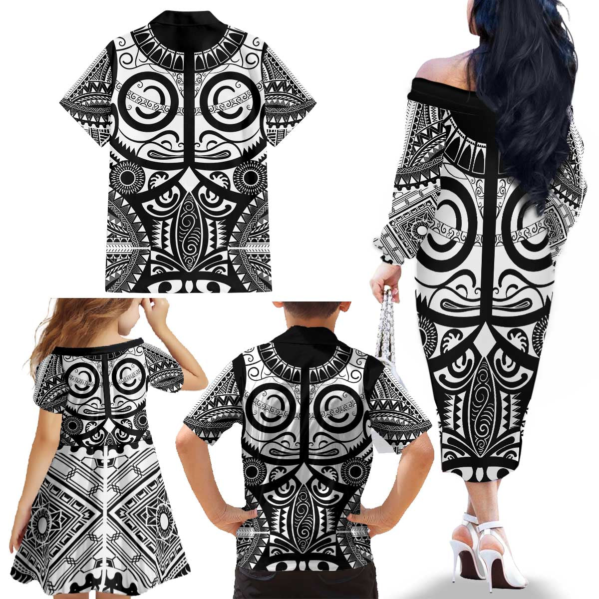 Marquesas Islands Family Matching Off The Shoulder Long Sleeve Dress and Hawaiian Shirt Marquesan Tattoo Black White Color LT14 - Polynesian Pride