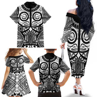 Marquesas Islands Family Matching Off The Shoulder Long Sleeve Dress and Hawaiian Shirt Marquesan Tattoo Black White Color LT14 - Polynesian Pride