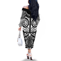 Marquesas Islands Family Matching Off The Shoulder Long Sleeve Dress and Hawaiian Shirt Marquesan Tattoo Black White Color LT14 - Polynesian Pride
