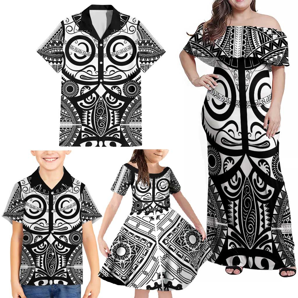 Marquesas Islands Family Matching Off Shoulder Maxi Dress and Hawaiian Shirt Marquesan Tattoo Black White Color LT14 - Polynesian Pride