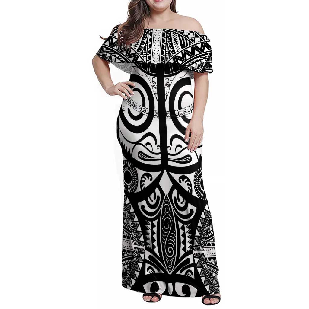 Marquesas Islands Family Matching Off Shoulder Maxi Dress and Hawaiian Shirt Marquesan Tattoo Black White Color LT14 Mom's Dress Black - Polynesian Pride