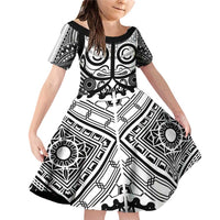 Marquesas Islands Family Matching Off Shoulder Short Dress and Hawaiian Shirt Marquesan Tattoo Black White Color LT14 Daughter's Dress Black - Polynesian Pride