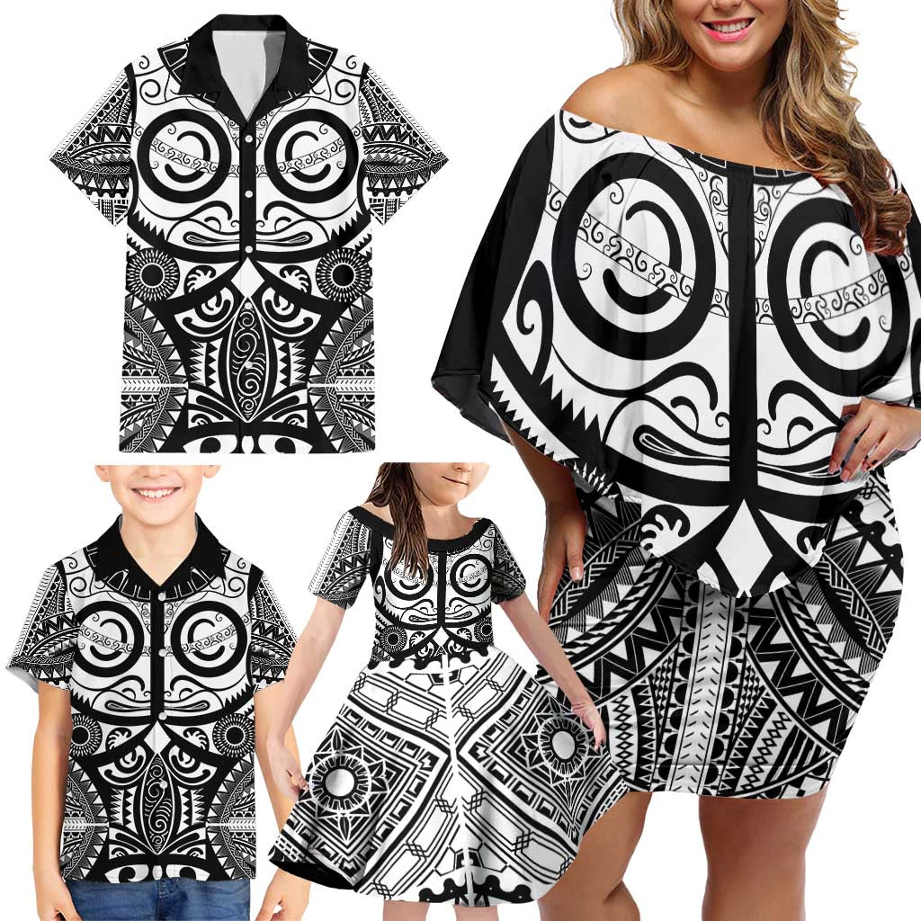 Marquesas Islands Family Matching Off Shoulder Short Dress and Hawaiian Shirt Marquesan Tattoo Black White Color LT14 - Polynesian Pride