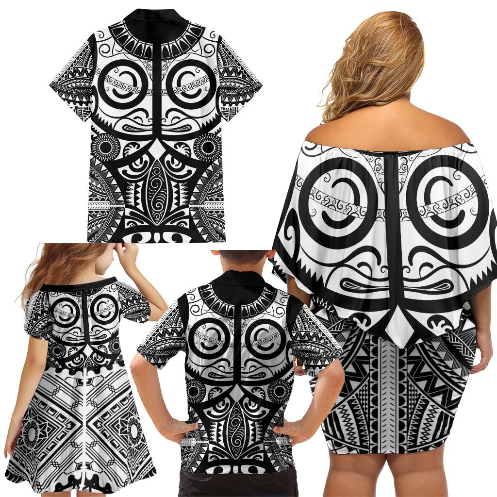 Marquesas Islands Family Matching Off Shoulder Short Dress and Hawaiian Shirt Marquesan Tattoo Black White Color LT14 - Polynesian Pride