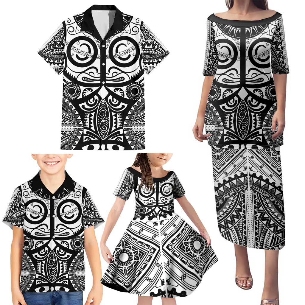 Marquesas Islands Family Matching Puletasi and Hawaiian Shirt Marquesan Tattoo Black White Color LT14 - Polynesian Pride
