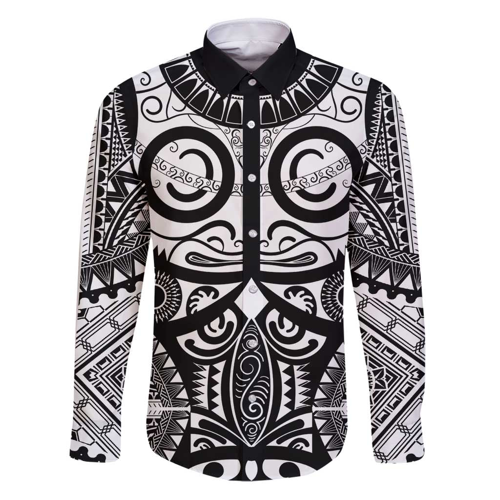 Marquesas Islands Family Matching Puletasi and Hawaiian Shirt Marquesan Tattoo Black White Color LT14 Dad's Shirt - Long Sleeve Black - Polynesian Pride
