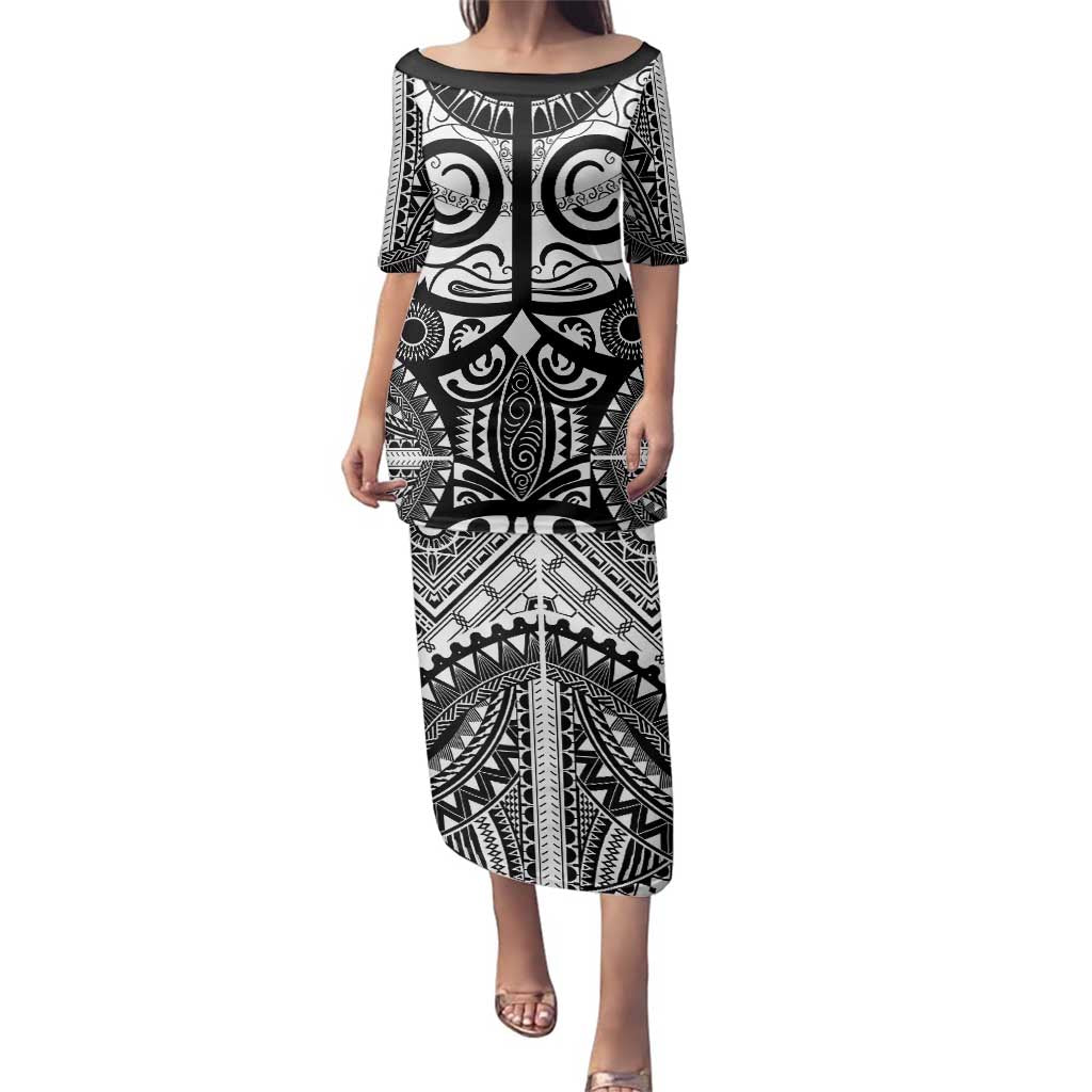 Marquesas Islands Family Matching Puletasi and Hawaiian Shirt Marquesan Tattoo Black White Color LT14 Mom's Dress Black - Polynesian Pride