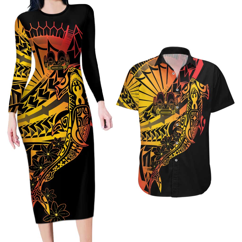 Gradient Marquesas Islands Couples Matching Long Sleeve Bodycon Dress and Hawaiian Shirt Marquesan Matatiki Hammerhead Shark Patutiki LT14 Yellow - Polynesian Pride
