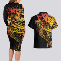 Gradient Marquesas Islands Couples Matching Long Sleeve Bodycon Dress and Hawaiian Shirt Marquesan Matatiki Hammerhead Shark Patutiki LT14 - Polynesian Pride