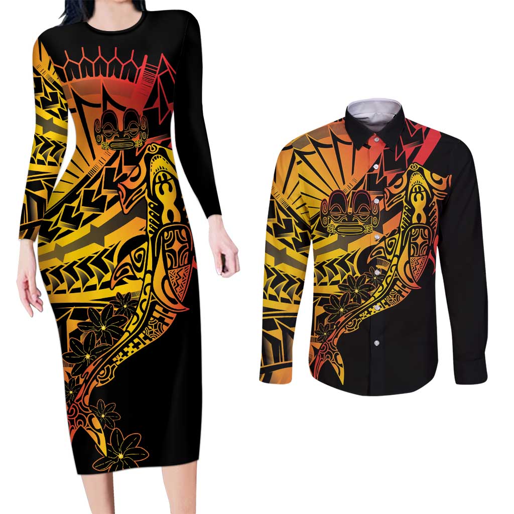 Gradient Marquesas Islands Couples Matching Long Sleeve Bodycon Dress and Long Sleeve Button Shirt Marquesan Matatiki Hammerhead Shark Patutiki LT14 Yellow - Polynesian Pride