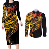 Gradient Marquesas Islands Couples Matching Long Sleeve Bodycon Dress and Long Sleeve Button Shirt Marquesan Matatiki Hammerhead Shark Patutiki LT14 Yellow - Polynesian Pride