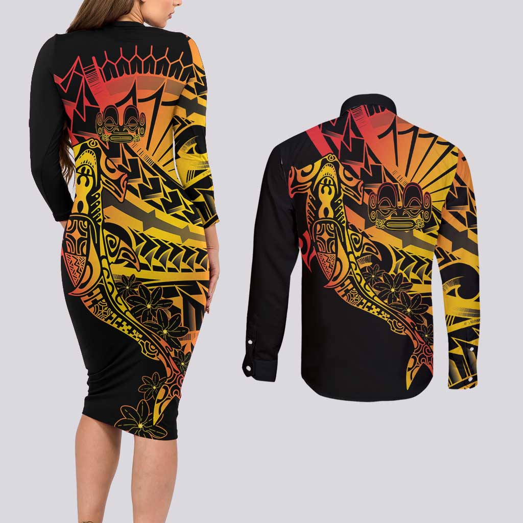 Gradient Marquesas Islands Couples Matching Long Sleeve Bodycon Dress and Long Sleeve Button Shirt Marquesan Matatiki Hammerhead Shark Patutiki LT14 - Polynesian Pride